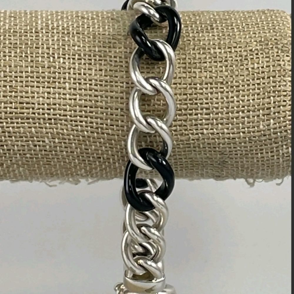 HEAVY STERLING SILVER 925 BRACELET 7.75" BLACK STONE 21.6G AMAZING VTG CI SIGNED - Picture 9 of 14